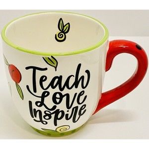 Glory Haus “Teach Love Inspire” Hand Painted Ceramic 24 oz. Floral Coffee Mug